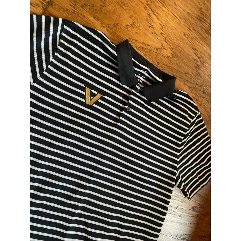 Nike Dri-FIT Mens Large Black White Striped V Logo Golf Polo Shirt Short Sleeve